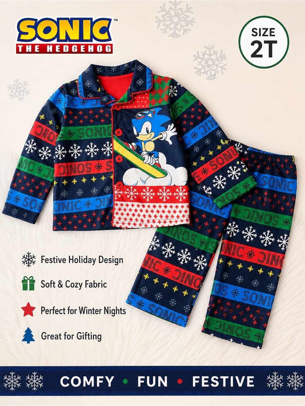 Sonic The Hedgehog Kids Holiday Pajama Set in Navy, Red & Green